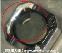 使用錫(Sn)鍍層的電源電感器(Power Inductors)，經(jīng)過推力測試后，其焊點(diǎn)還保留在零件的端點(diǎn)上，所以推力比較高。