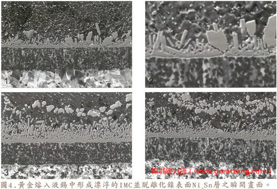 下面四張圖片為放大4500倍的SEM圖像，說(shuō)明在回流焊爐熱量不足的情況下，黃金成份正要從鎳層分離融入焊錫之中的瞬間，當(dāng)零件遭受外力沖擊的時(shí)候就極有可能從這一整排AuSn、、AuSn2或AuSn4的IMC處裂開。