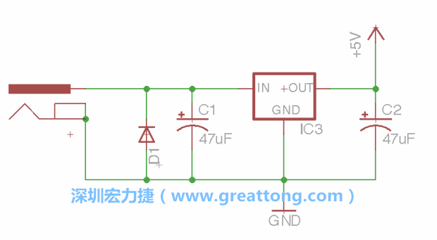 新增RBBB→Power_Jack，將它放在電壓調(diào)整器的輸入端旁邊。