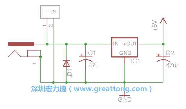 2.5.    新增一個二極體，它會以水平的狀態(tài)出現(xiàn)在屏幕上，請使用「旋轉(zhuǎn)（Rotate）」工具把它負極那一面朝上，并且用「網(wǎng)絡連接」工具將它連接在電壓調(diào)整器的輸入端和接地端之間。