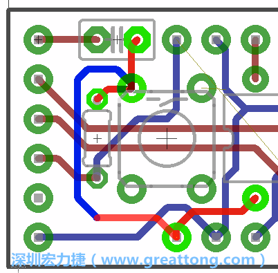 為了要?jiǎng)?chuàng)造一個(gè)電路通道，首先要先點(diǎn)擊重置開(kāi)關(guān)的連結(jié)點(diǎn)進(jìn)行布線，在電路板的背面繪制線路直到其它線路前的乾淨(jìng)區(qū)域。